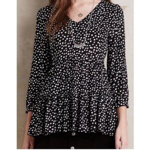 Anthropologie Maeve Women’s Black White Ruffle Tunic Button Front Puff Sleeve XS